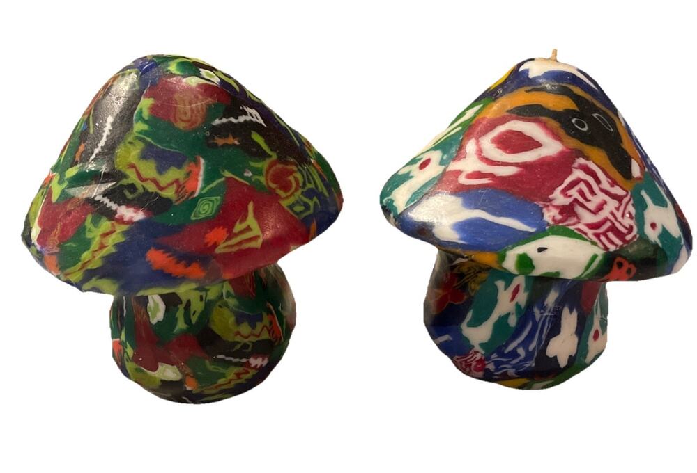 2 Psychedelic Mushroom Wax Candles 4”Tall Vintage Never Used Millefiori Hippie